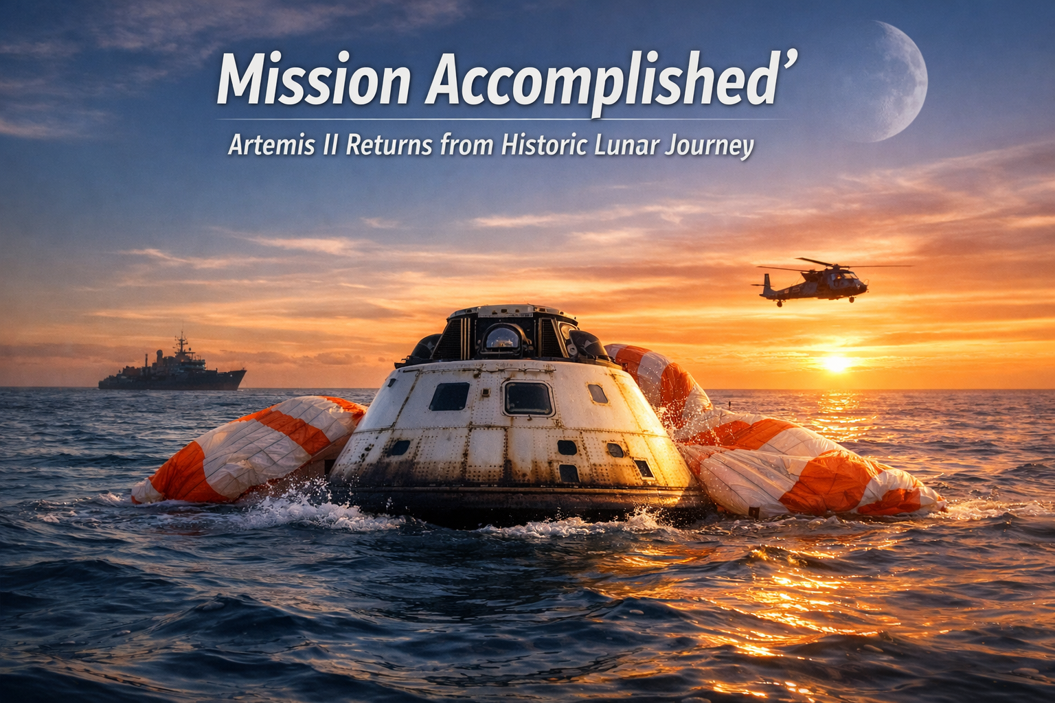 NASA Orion spacecraft from Artemis II mission splashing down in the Pacific Ocean after historic lunar journey at sunset
