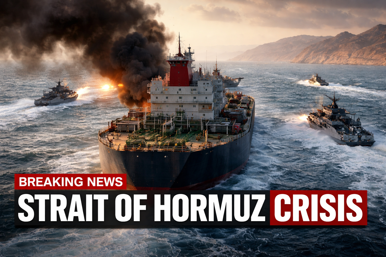 A dramatic news-style scene showing a large oil tanker under attack in the Strait of Hormuz, with Iranian gunboats firing nearby amid smoke, explosions, and tense naval movement.