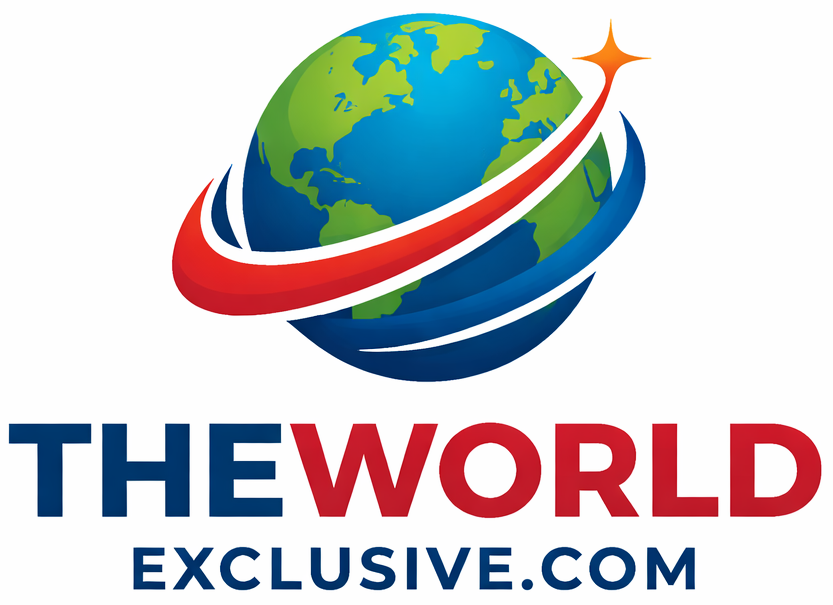 TheWorldExclusive.com logo featuring a global news globe with dynamic red and blue swooshes
